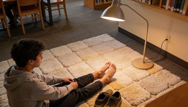 Teen sitting on cream shag rug beside floor lamp in cozy library corner studying