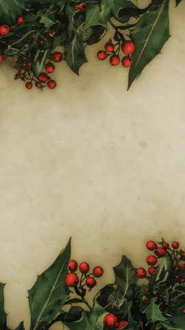 Looping red-berried holly border swaying over vintage parchment for vertical greeting-card animation