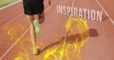 Runner Sprinting on Track with Neon Yellow Energy Swirls and INSPIRATION Typography