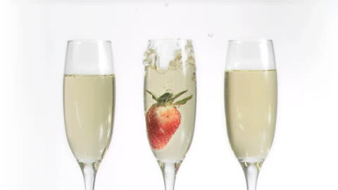 Strawberry Plunging into Champagne Glass in Slow Motion