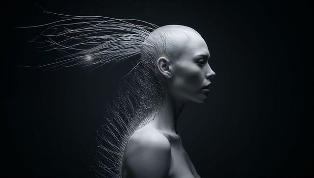 Futuristic luminescent bust with fiber filaments and glowing nodes sculptural portrait