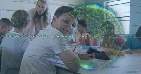 Boy Writing in Classroom with Glitching Digital Circle Overlay