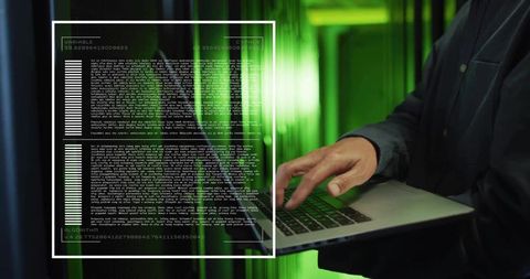 Technician Typing Amid Server Rack with Projected Code Screen