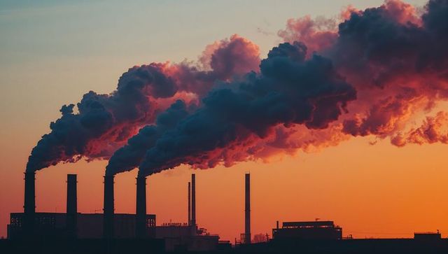 Industrial Smokestacks Emitting Thick Smoke at Sunset