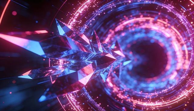 Prismatic Crystal Spire Traveling Through Neon Particle Vortex and Futuristic Light Trails
