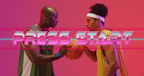 Neon Press Start with Basketball Players Capturing Game Excitement - Download Free Stock Images Pikwizard.com