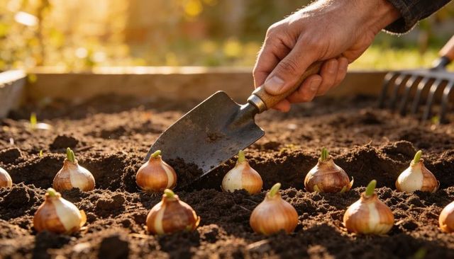 Gardener planting spring bulbs in sunlit raised bed with metal trowel