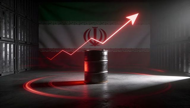Oil barrel with iranian flag and red neon arrow rising, energy market growth concept