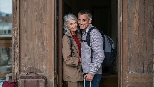 Senior couple embracing at rustic doorway with backpacks and vintage suitcase, travel lifestyle