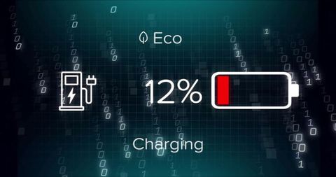 Ev dashboard displaying 12% low battery with charging station icon and eco mode interface
