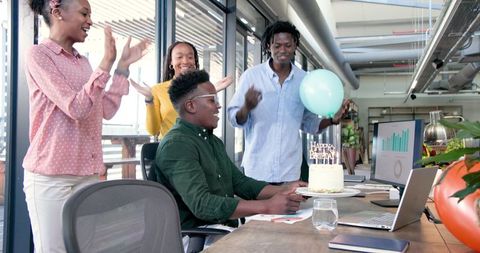 Office Birthday Celebration with Cake and Team