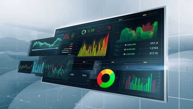 Futuristic multi-panel analytics dashboard displaying financial charts and visual data