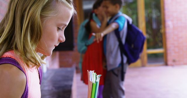 A young girl looks sad and lonely while two other students in the background appear to be bullying her. This image can be used to highlight topics such as bullying, mental health in education, social issues among school children, and the emotional challenges faced by students.