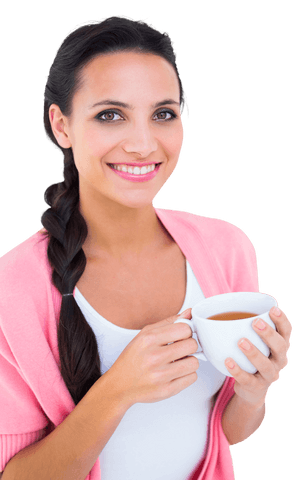 Smiling Woman Holding Coffee Mug on Transparent Background
