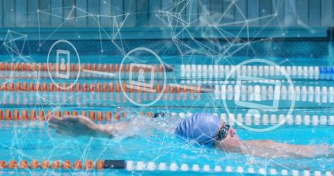 Male Swimmer Performing Front Crawl with Digital Overlay