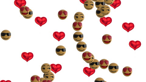 Playful Falling Emojis and Red Hearts on White Background
