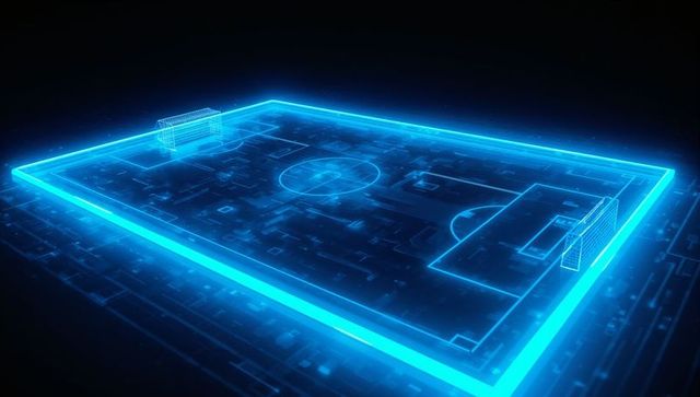 Neon holographic soccer field wireframe with floating goals over circuit grid interface