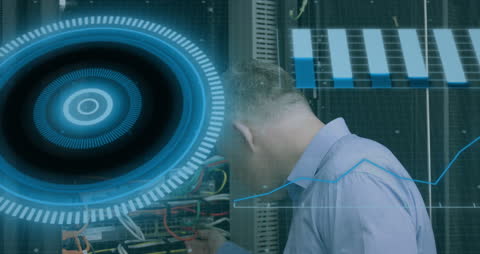 Technician Monitoring Data Center with Holographic Interfaces