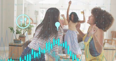 Friends Dancing and Celebrating Pizza Night in Sunlit Living Room with Data Analytics Overlay