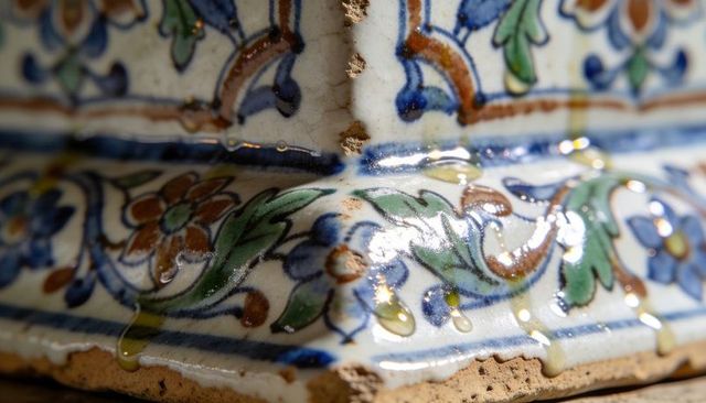 Handmade terracotta ceramic corner with floral glaze drips, crackle crazing and wood glints
