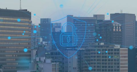 Digital security concept with network connections over cityscape