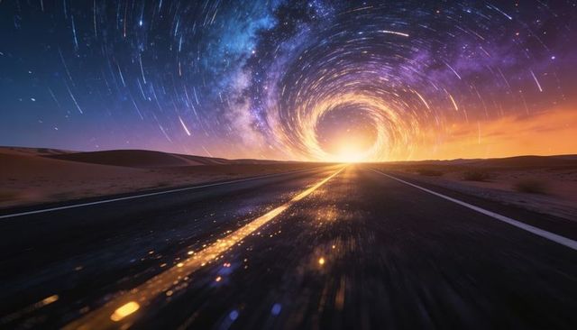 Highway leading toward glowing cosmic vortex over desert night with star trails