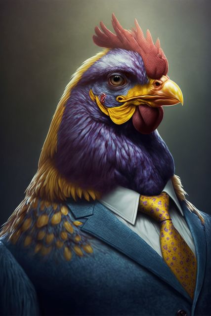 Creative and surreal illustration featuring a rooster head on a human body dressed in a business suit. This imaginative and humorous artwork is perfect for use in creative projects, advertisements, editorial content, fantasy themes, or as unique wall art. The richly detailed feathers and seamlessly combined elements make it a standout piece.