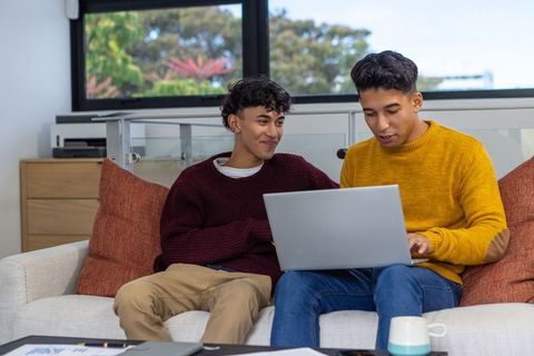 Male Friends Collaborating on Laptop in Cozy Living Room Setting