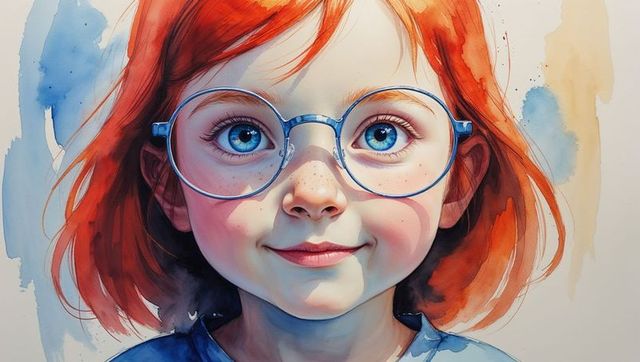 Smiling Red-haired Girl with Glasses, Artistic Watercolor Portrait