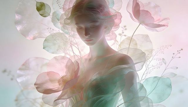 Ethereal floral muse wearing sheer petal gown pastel backlit dreamlike portrait