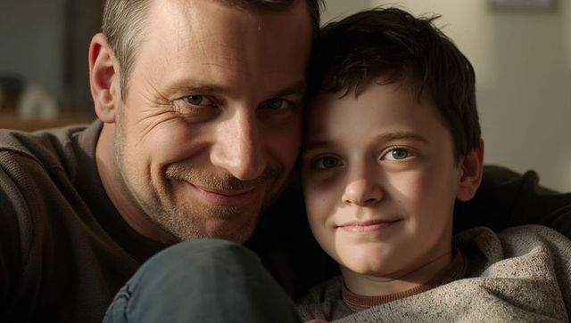 Intimate father and son close-up smiling and cuddling on cozy sofa, family bond at home