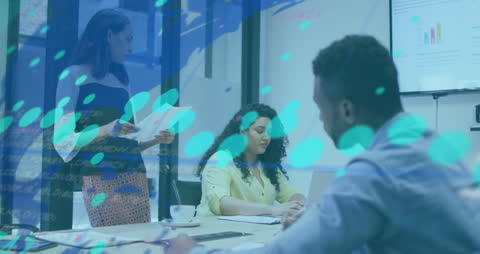 Animated Financial Data Overlaid on Business Meeting Presentation