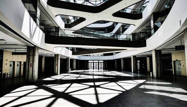 Futuristic Atrium Casting Geometric Shadows Through Skylights, Curved Balconies and Railings