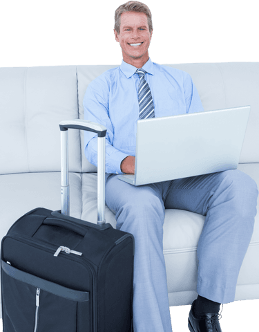 Smiling Businessman with Laptop and Luggage in Transparent Background
