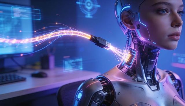 Female android receiving fiber-optic data stream through neck neon futuristic lab