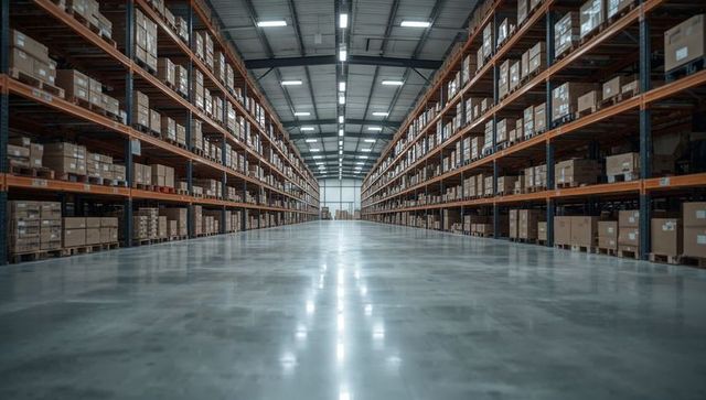 Empty warehouse aisle with polished concrete reflective floor and stacked pallet racks