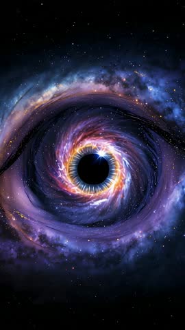 Rotating cosmic vortex forming black hole with glowing accretion ring vertical loop