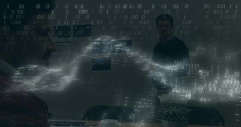 Team collaborating with laptop and holographic binary data stream for futuristic analytics
