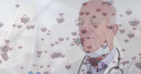 Doctor Studying Virus Cells with Digital Overlay in Background