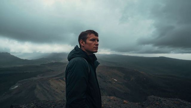 Solitary hiker standing on volcanic ridge under moody overcast sky, introspective journey