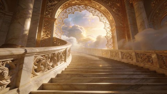 Sunlit marble stairway rising to ornate gold arch opening to cloud-filled heavenly sky