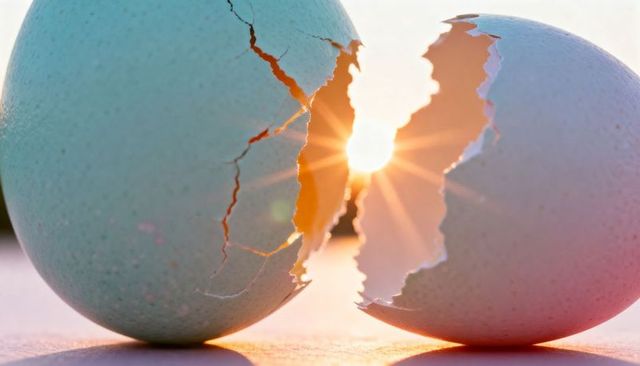 Glowing teal eggshell halves catching sunburst light through cracked shell edges, macro