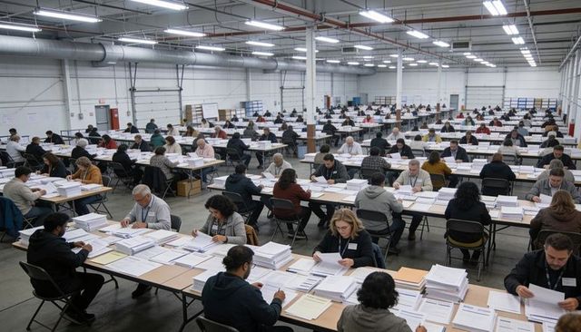 Large-scale document sorting operation with team reviewing paperwork in modern warehouse