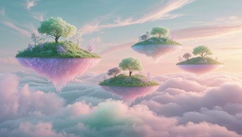 Ethereal green islands floating above lavender clouds