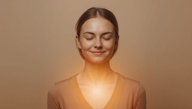 Serene woman meditating with glowing heart light, warm beige headshot for wellness