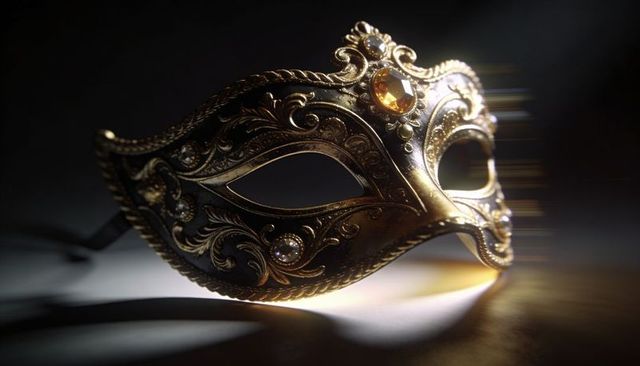 Shimmering ornate venetian masquerade mask resting on dark table with gold filigree