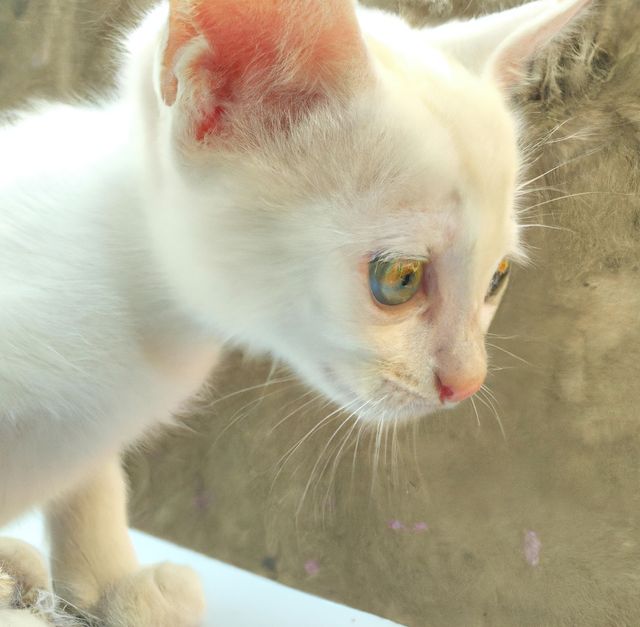 Close-up of a white kitten with amber-colored eyes, ears perked up, showing fine facial details and whiskers. Use this for pet care articles, veterinary services, pet adoption flyers, or social media posts about adorable animals.
