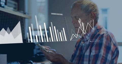 Senior man using smartphone with financial data overlays analyzing charts and analytics