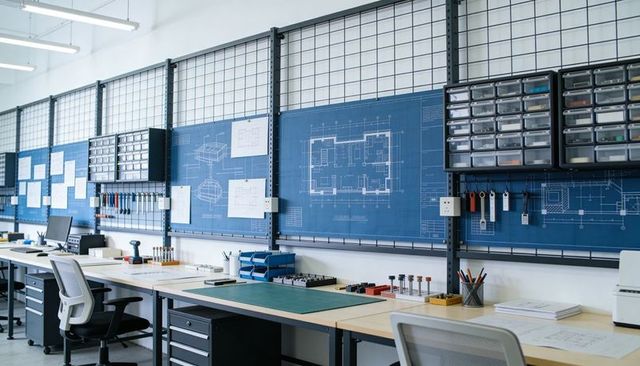 Organized modern makerspace workbench with blueprints, tools and parts storage