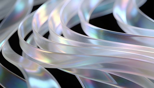 Curving translucent iridescent ribbons forming pearlescent glossy waves on dark backdrop